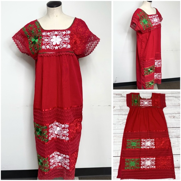 Mexican Embroidered Tricolor Red Peasant Traditional Dress One Size - Picture 1 of 12